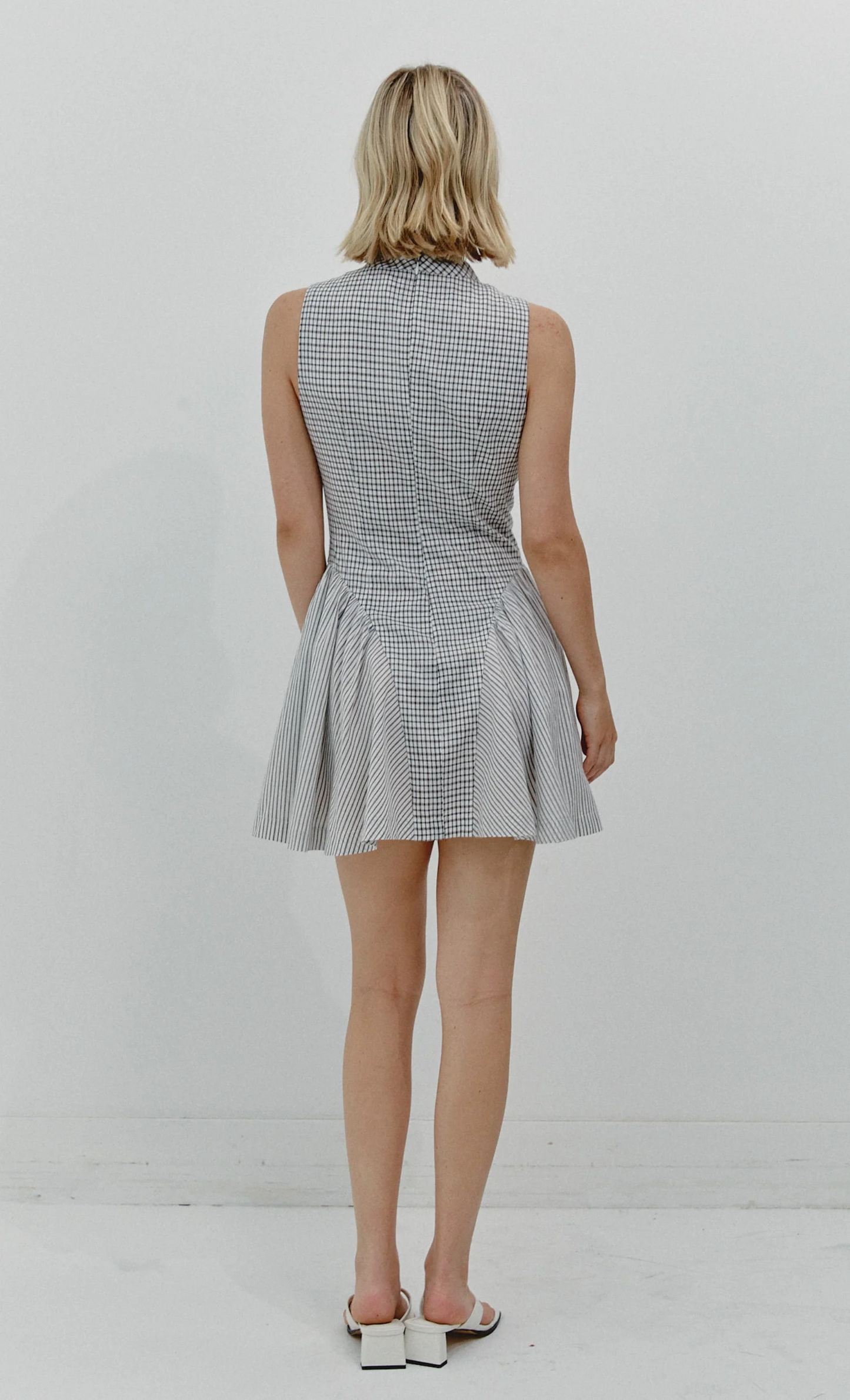 Beige Check High Neck Mini Dress