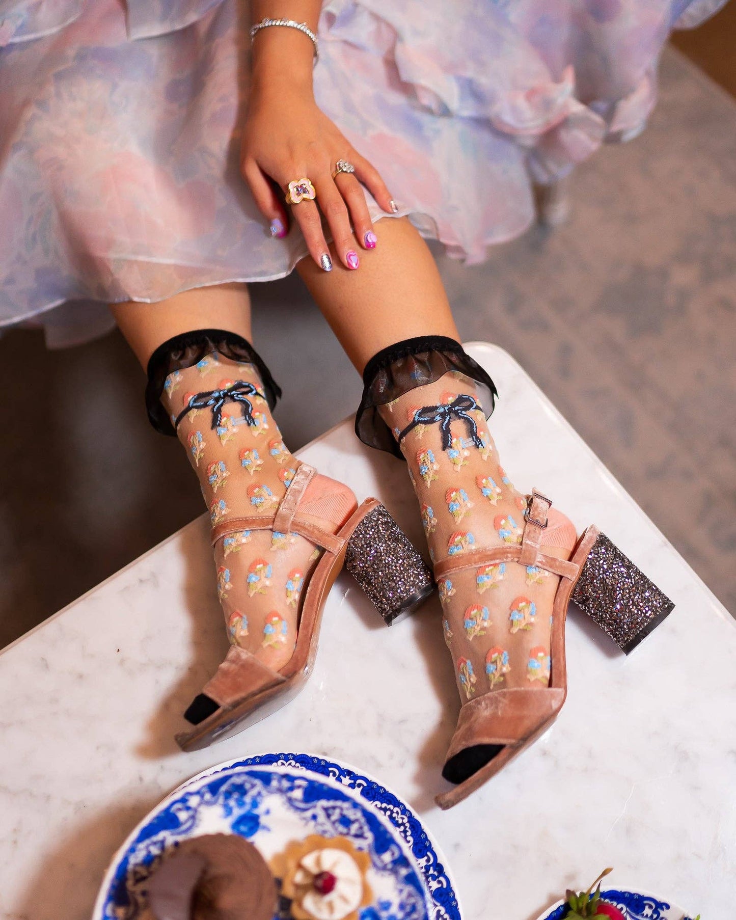 Floral Ruffle Sheer Crew Sock