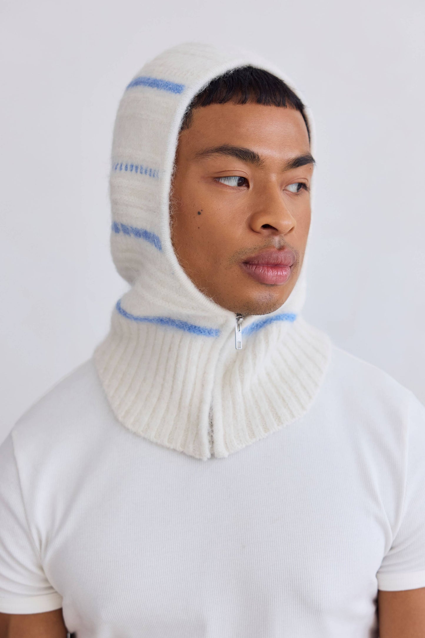 The Alpaca Balaclava with Zip - White/Sky Blue