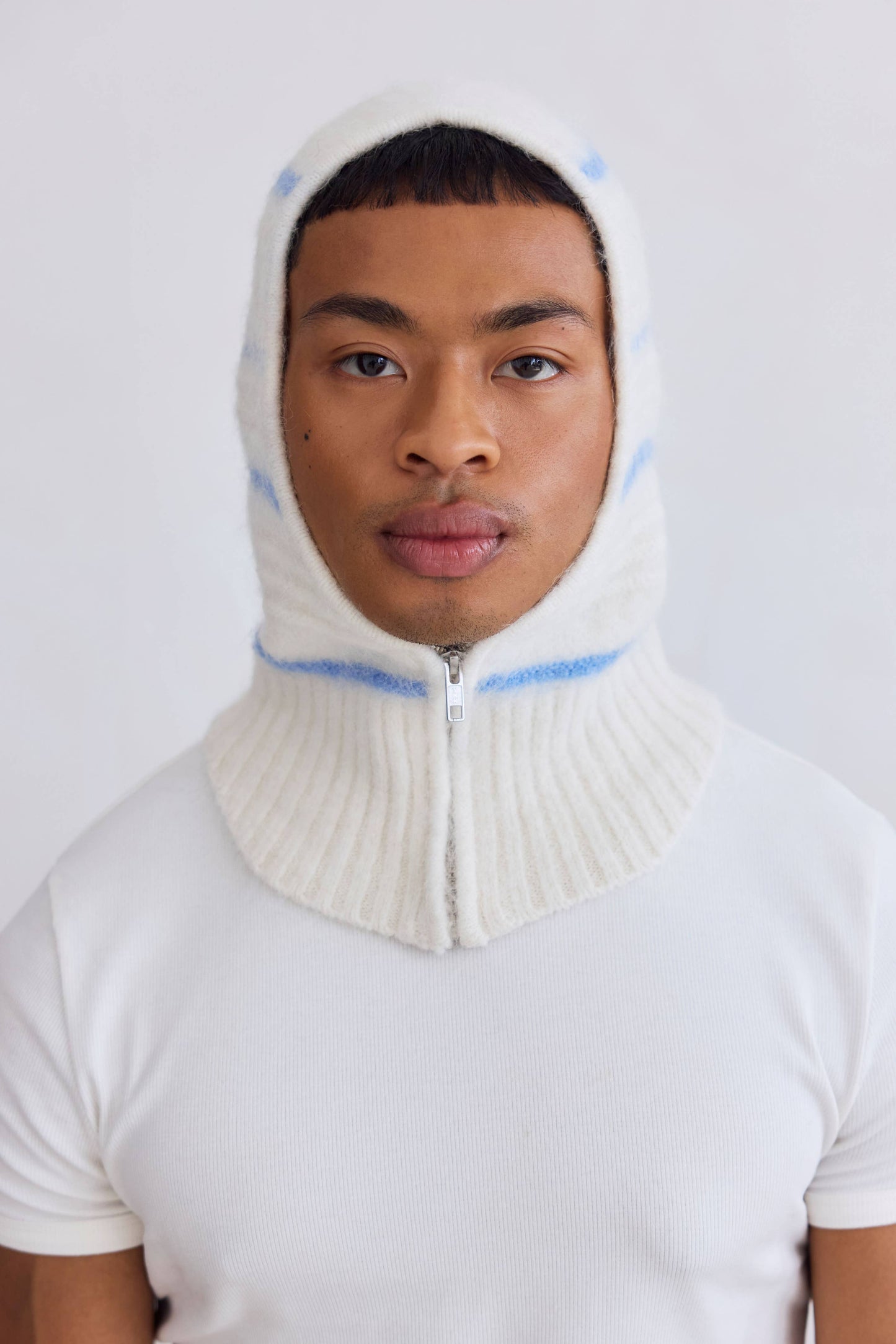 The Alpaca Balaclava with Zip - White/Sky Blue