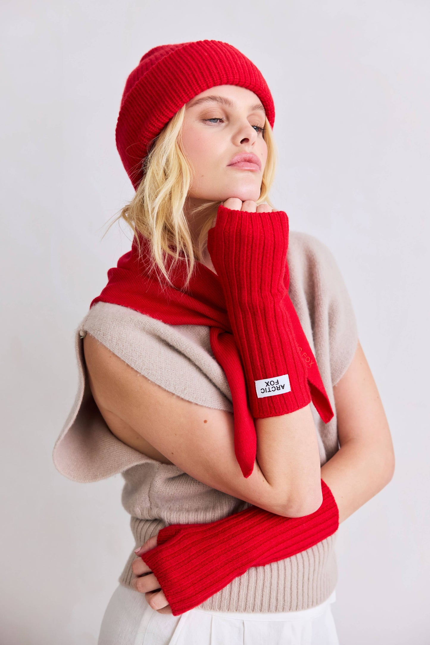 Merino Wool Fingerless Gloves - Flame Red