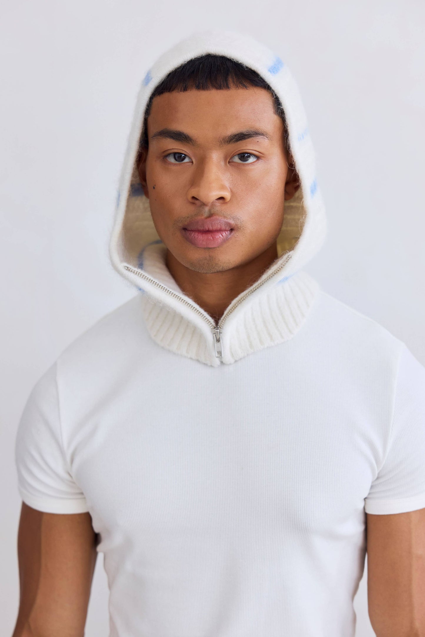 The Alpaca Balaclava with Zip - White/Sky Blue