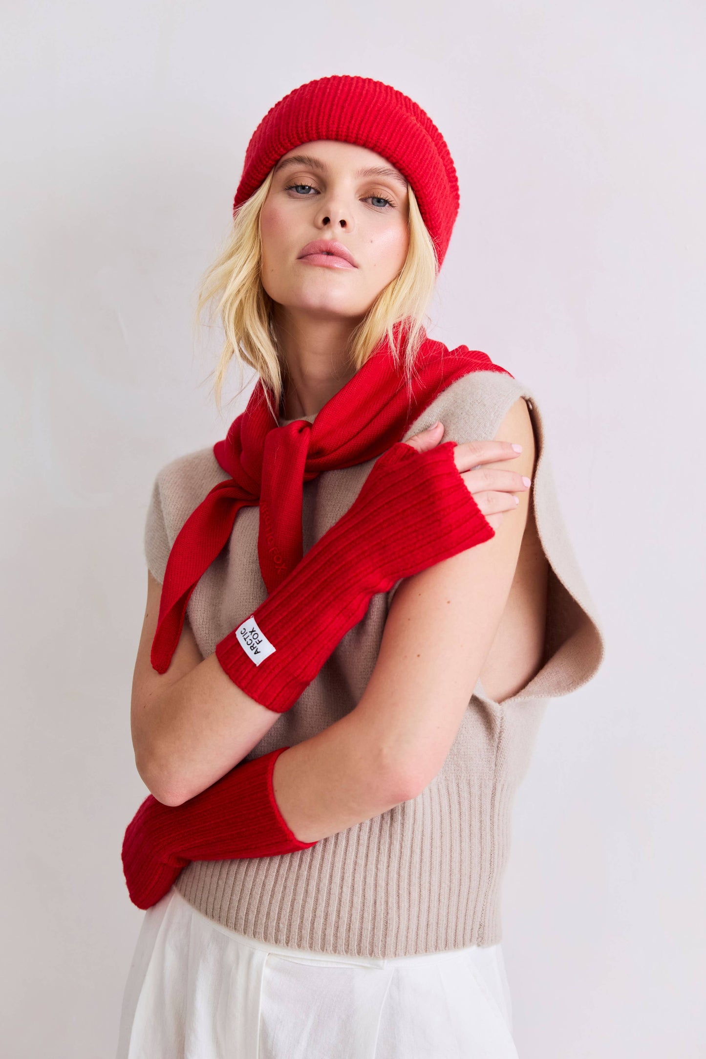 Merino Wool Fingerless Gloves - Flame Red