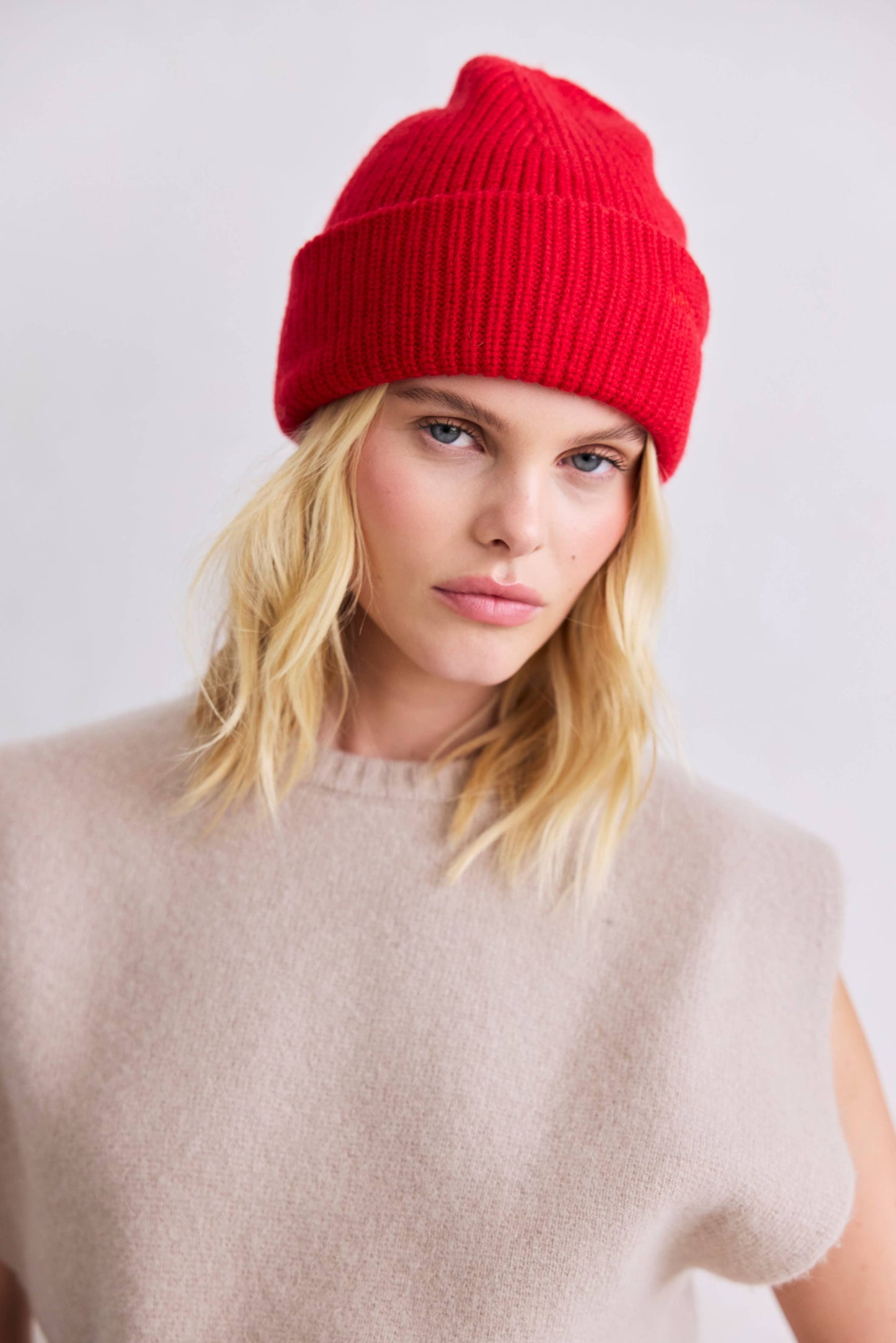Merino Wool Embroidered Beanie - Flame Red