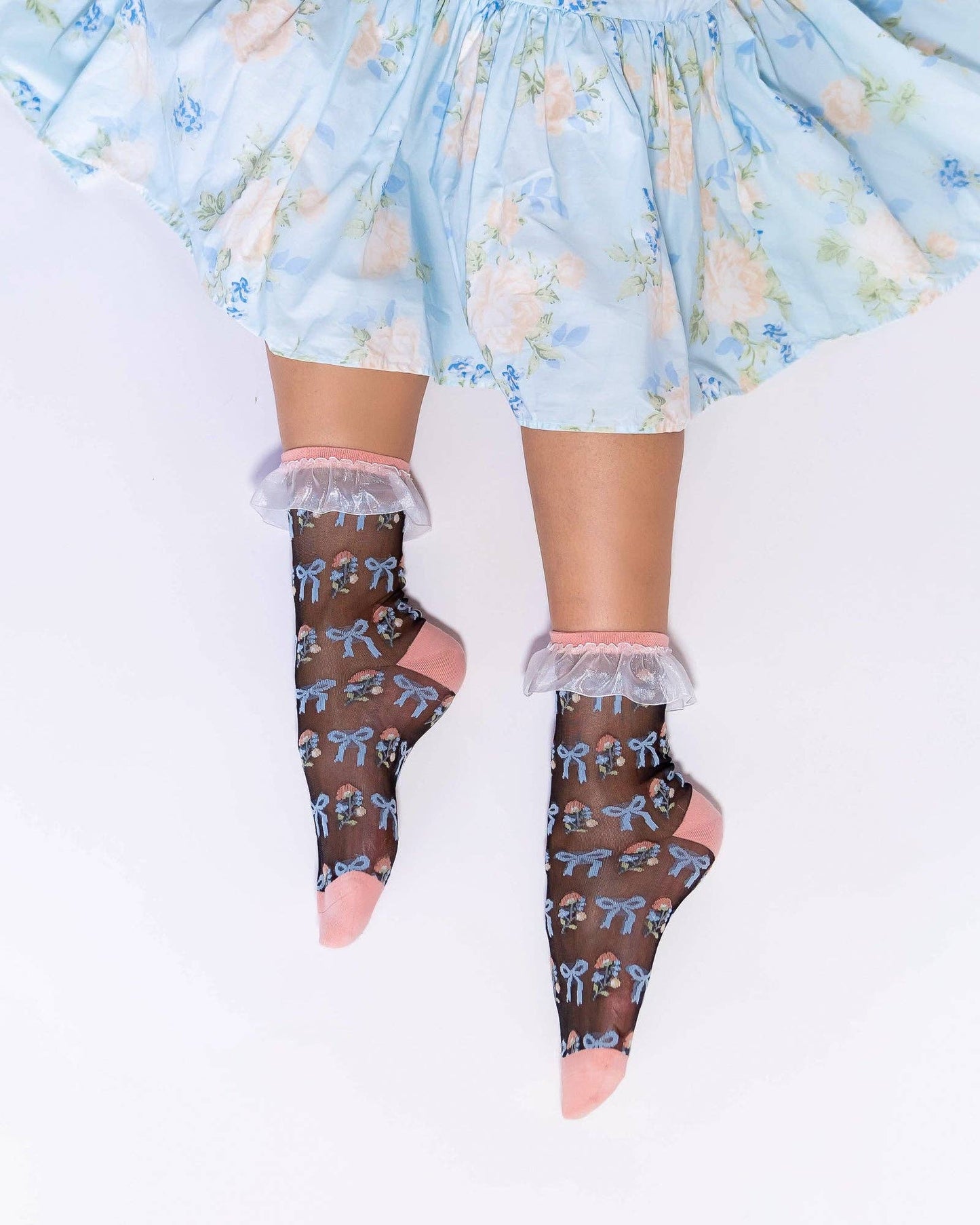 Floral Bow Ruffle Black Sheer Sock