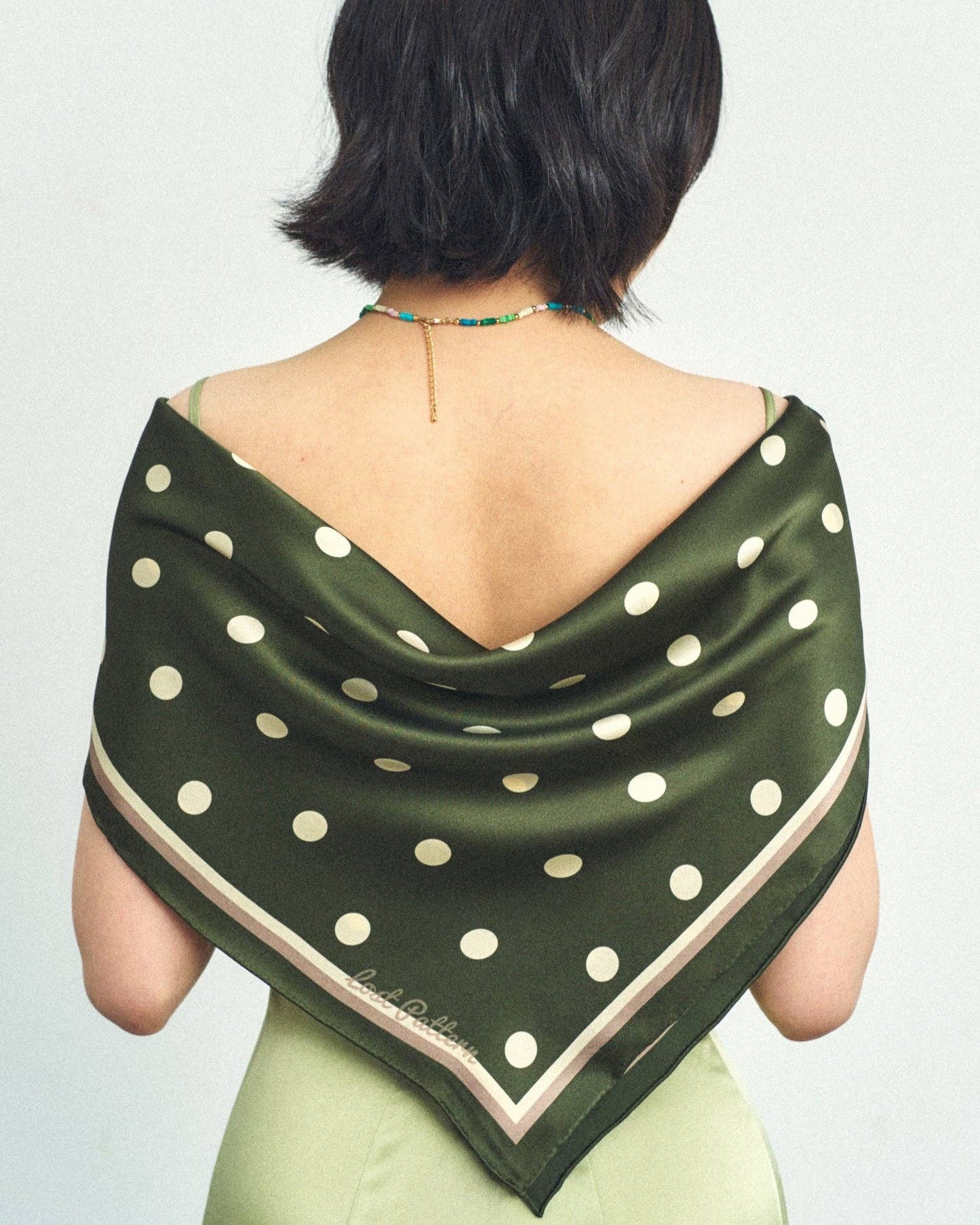 "Retro Polka" Silk Bandana Scarf - Matcha