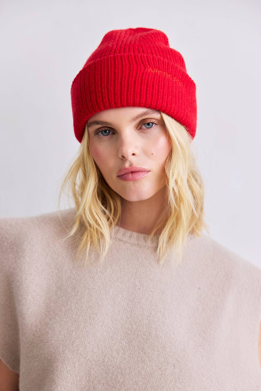 Merino Wool Embroidered Beanie - Flame Red