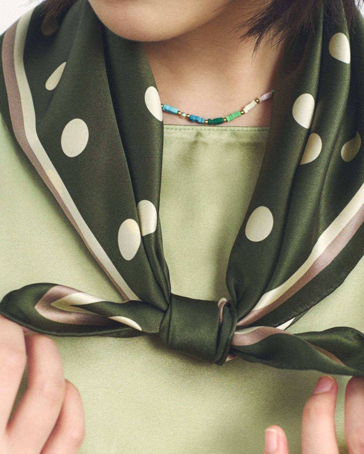 "Retro Polka" Silk Bandana Scarf - Matcha