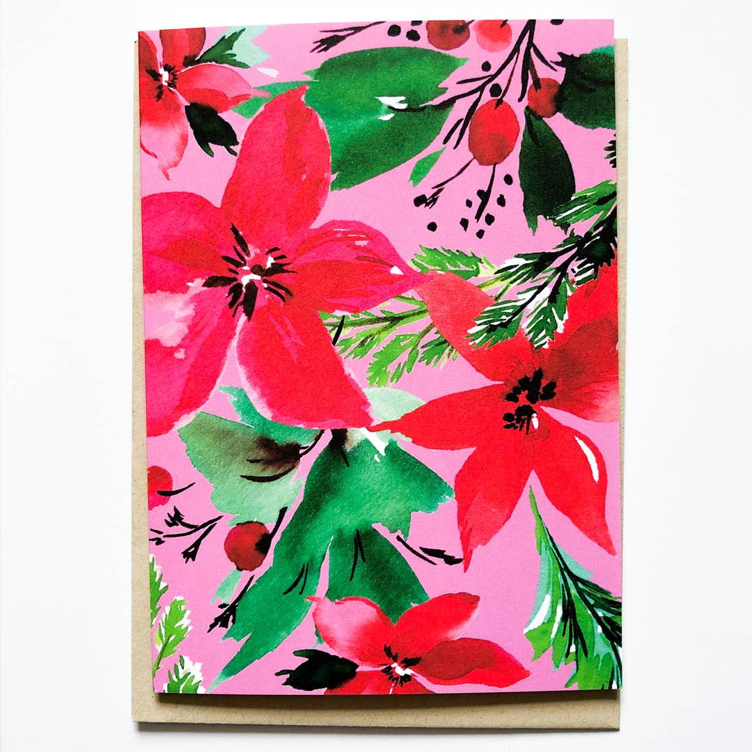 Pink Poinsettia Floral Christmas Card