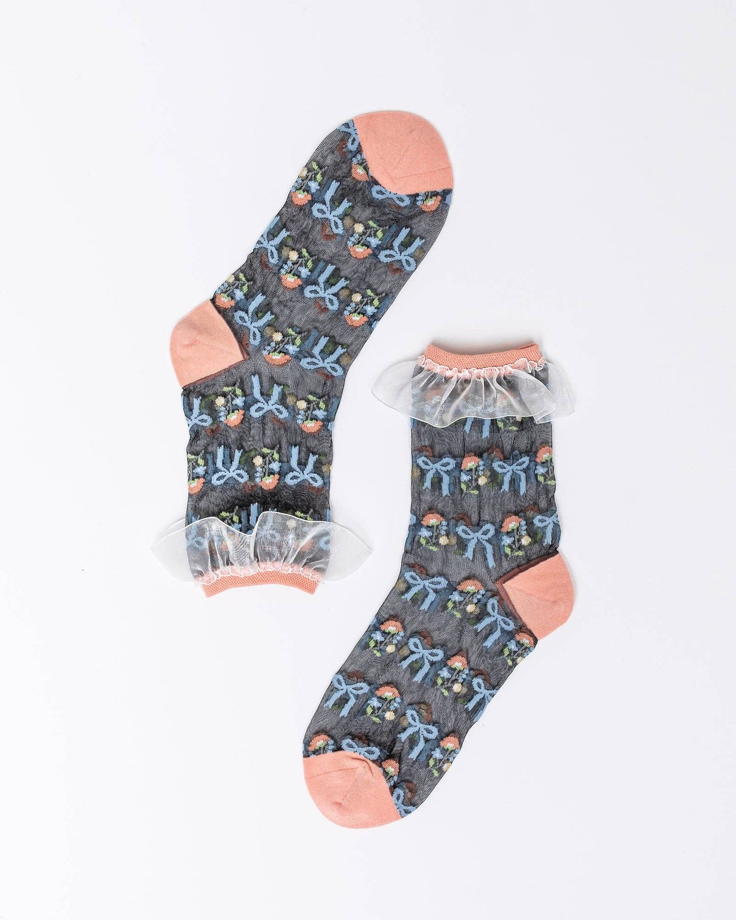 Floral Bow Ruffle Black Sheer Sock
