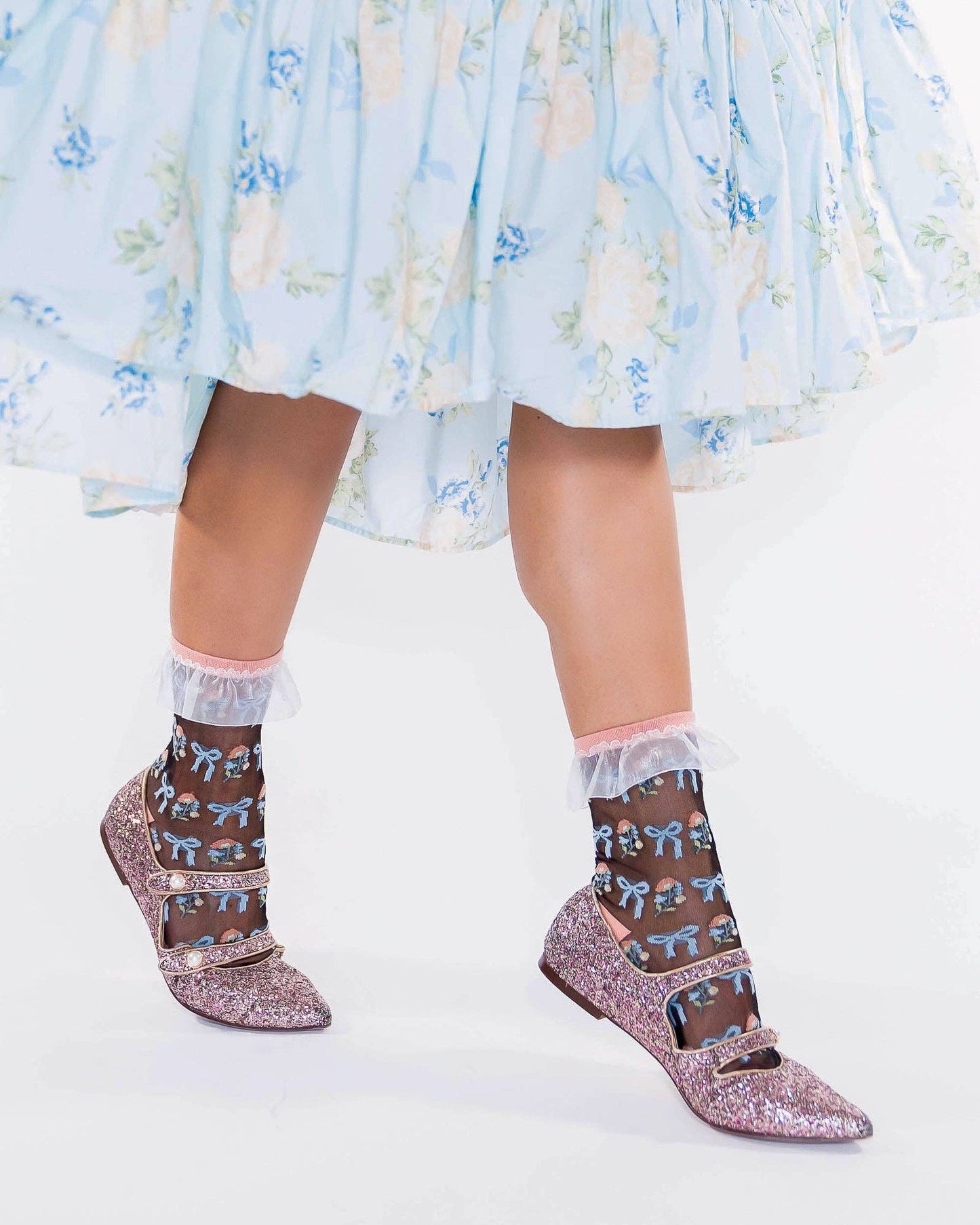 Floral Bow Ruffle Black Sheer Sock