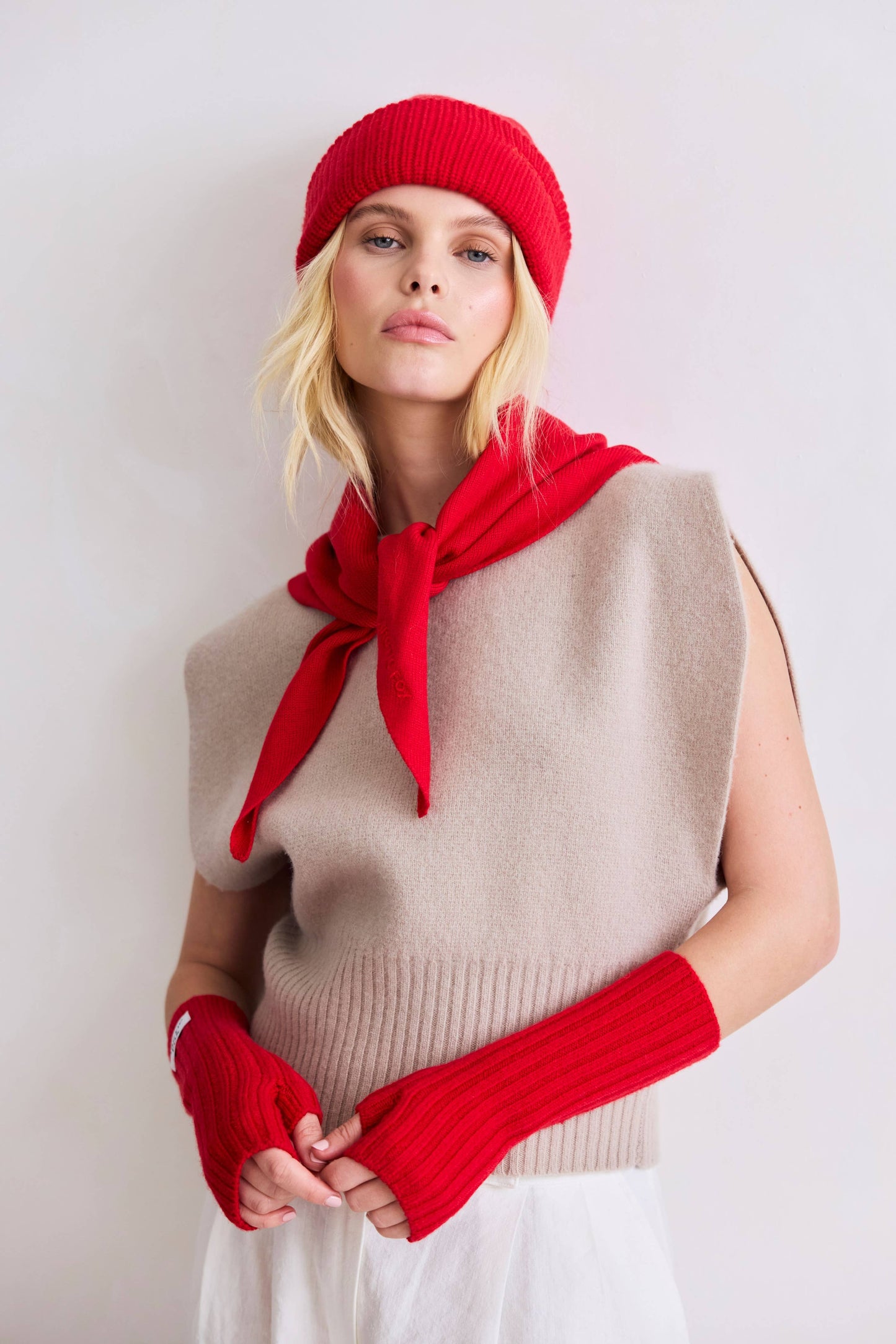 Merino Wool Embroidered Beanie - Flame Red