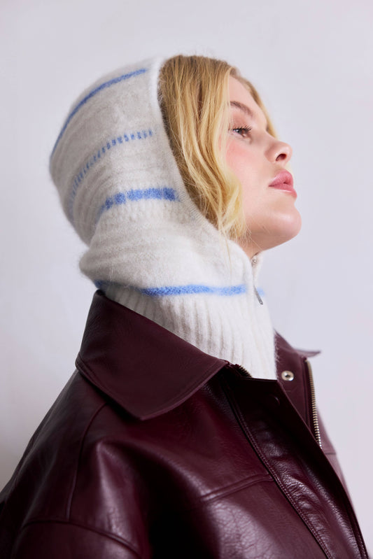 The Alpaca Balaclava with Zip - White/Sky Blue