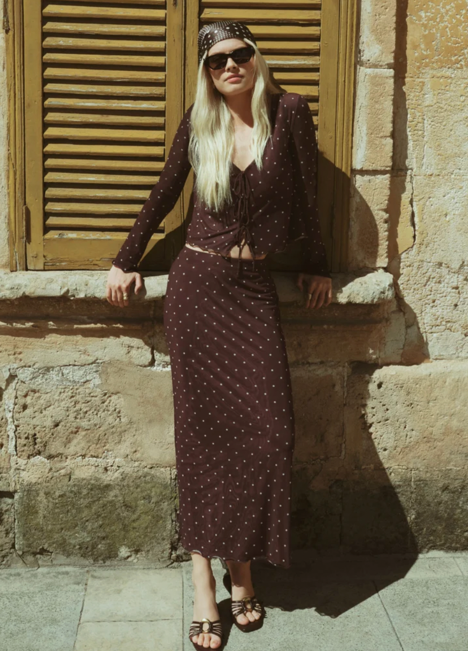 Eda Polka Dot Mesh Midi Skirt